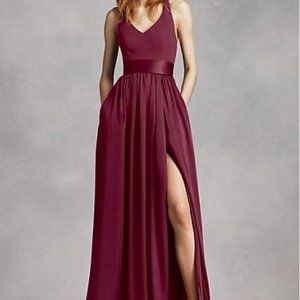 V -Neck Halter Gown with Slit by Vera Wang in wine